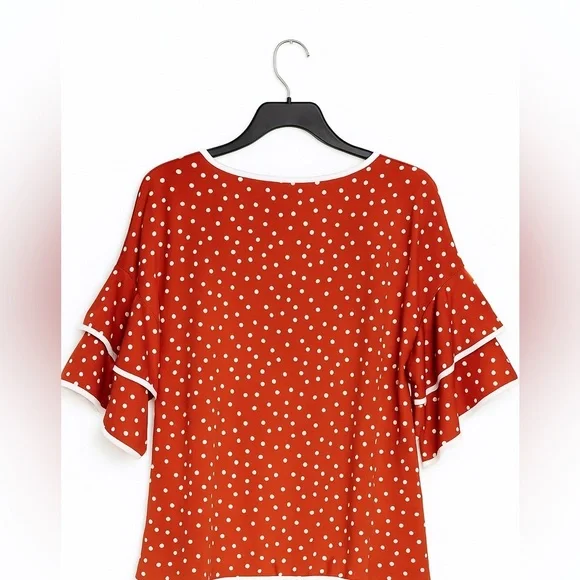 NY Collection Orange & White Polka Dot Ruffle Sleeve Blouse Women’s Size Medium - Picture 2 of 2